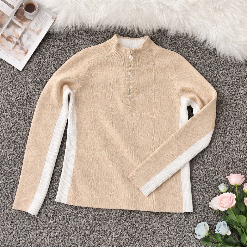 DKNY Jeans Womens Tan Cream Colorblock Quarter Zip Cotton Ribbed Sweater XL